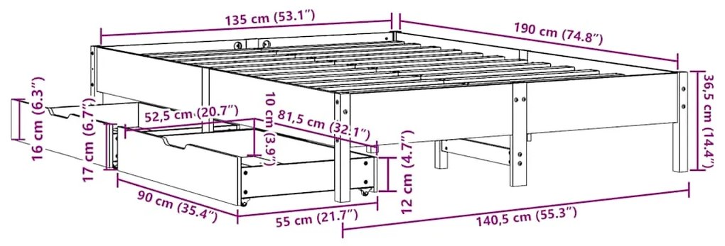 Cama sem colchão 135x190 cm madeira de pinho maciça