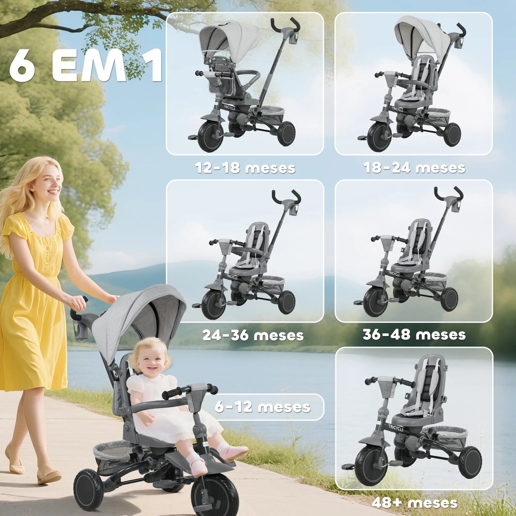 Triciclo Evolutivo 6 em 1 Dobrável Assento Giratório de 360° Guidador Parental Encosto Reclinável Toldo 111,5x52x98 cm Cinza