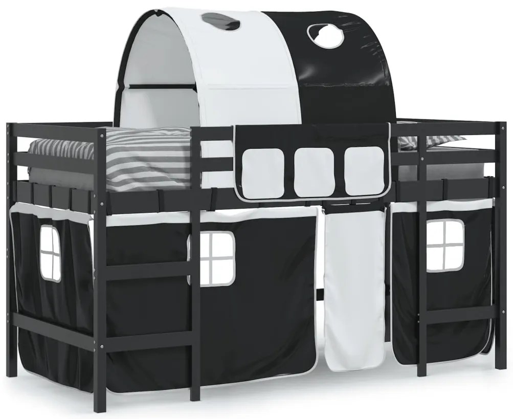 Cama alta criança c/ túnel 90x200 cm pinho maciço branco/preto
