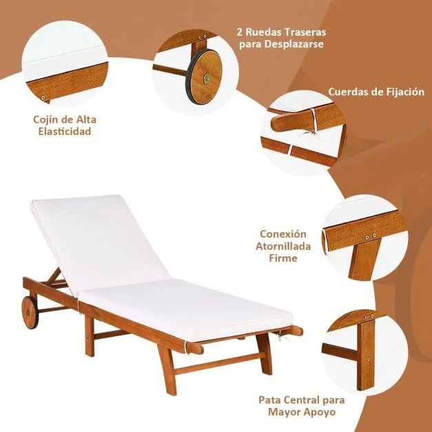 Espreguiçadeira dobrável para jardim em madeira ergonómica com encosto ajustável em 6 posições, almofada removível, rodas, carga 160 kg