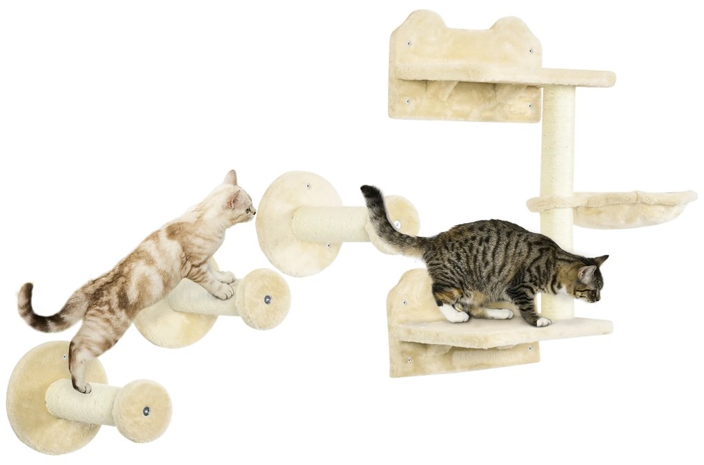 Conjunto de Prateleiras de Parede para Gatos de 4 Peças com 3 Postes de Sisal Rede e 1 Plataforma para Saltar de 3 Níveis Bege