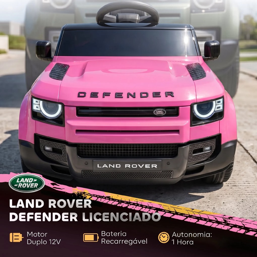 Carro Elétrico SUV para Crianças Land Rover Defender 12 V com Comando à Distância, Suspensão e Arranque Suave, Rosa