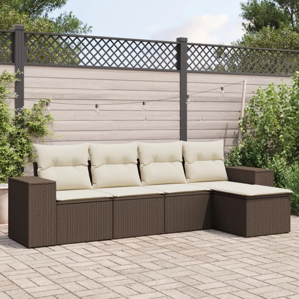5 pcs conjunto sofás p/ jardim c/ almofadões vime PE castanho