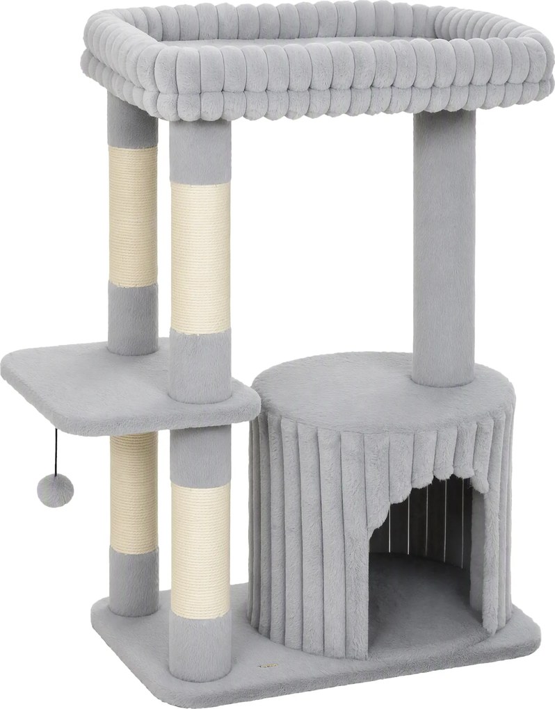 PawHut Arranhador para gatos, 93 cm arranhador de 3 níveis com postes de sisal, toca aconchegante, grande área de descanso, plataforma, até 6 kg | Aosom Portugal