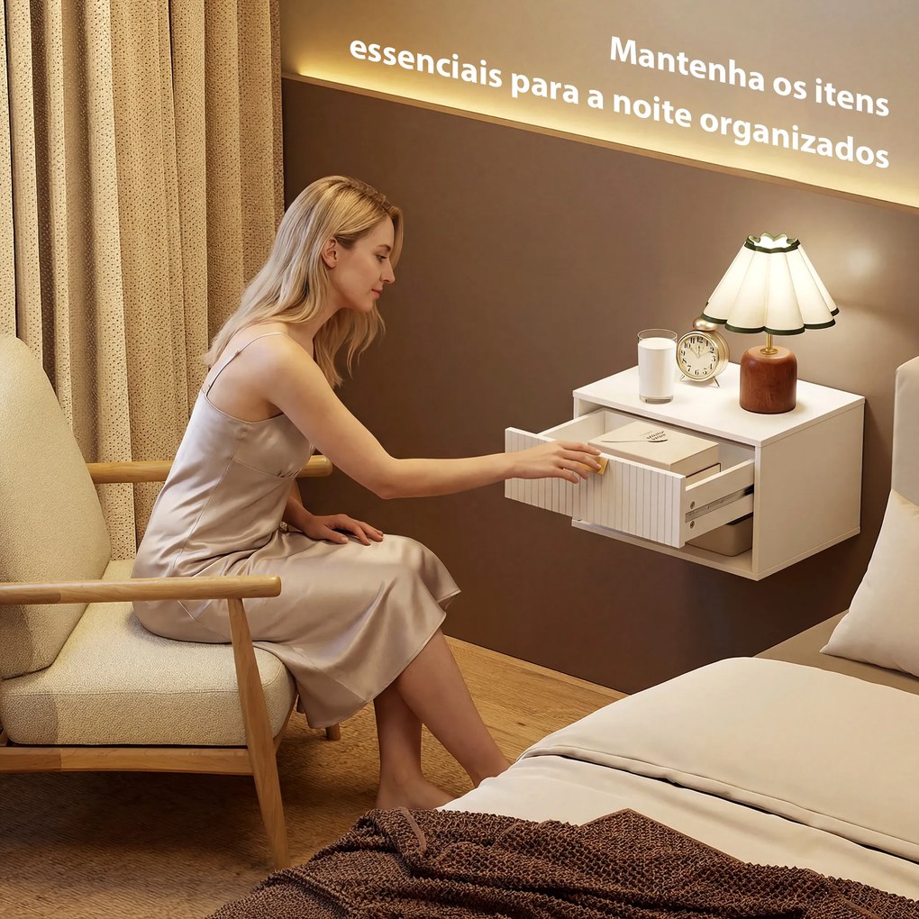 Conjunto de Mesas de Cabeceira Flutuantes com Gaveta Estriada e Prateleira Aberta 40x30x25 cm Branco