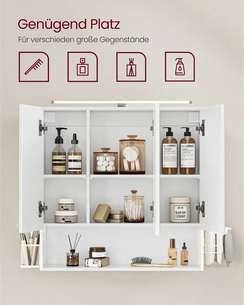 Armário espelho de casa de banho de 3 portas com iluminação e prateleira regulável em altura 14,5 x 70 x 70 cm Branco