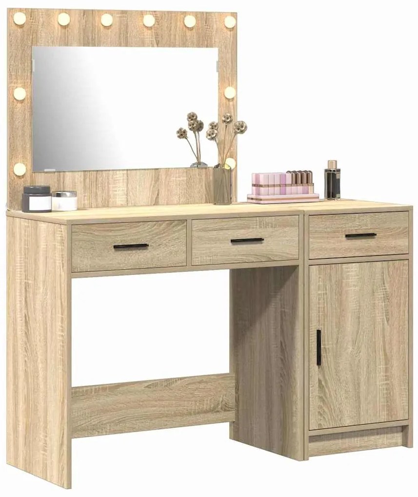 Conjunto de Mesa de Maquilhagem com LED de 2 Peças em Madeira de Carva