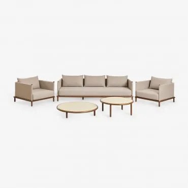 Conjunto De Jardim Com Sofá De 3 Lugares, 2 Poltronas E 2 Mesas De Centro Redondas Em Madeira De Acácia Olivia Beige Semoline - Sklum