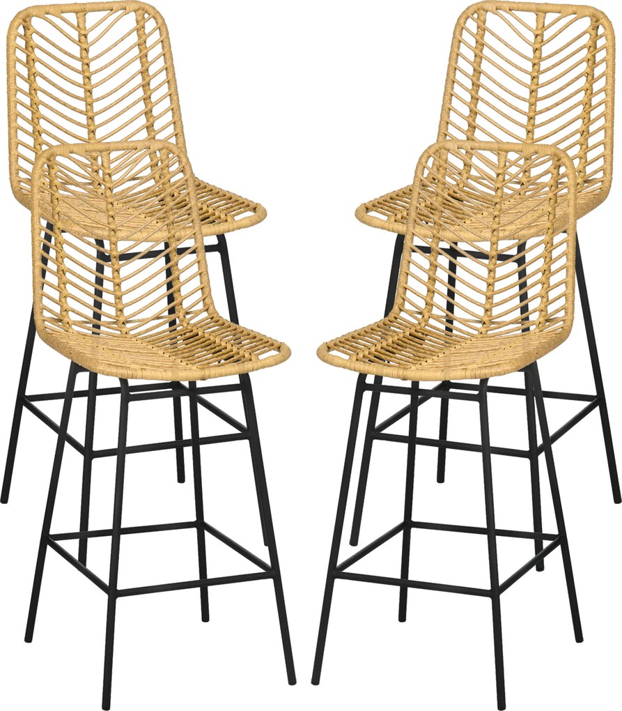 Conjunto de 4 bancos de bar, com encosto em vime e apoio para os pés, estrutura em aço, 42,5 x 52 x 102 cm, amarelo FR