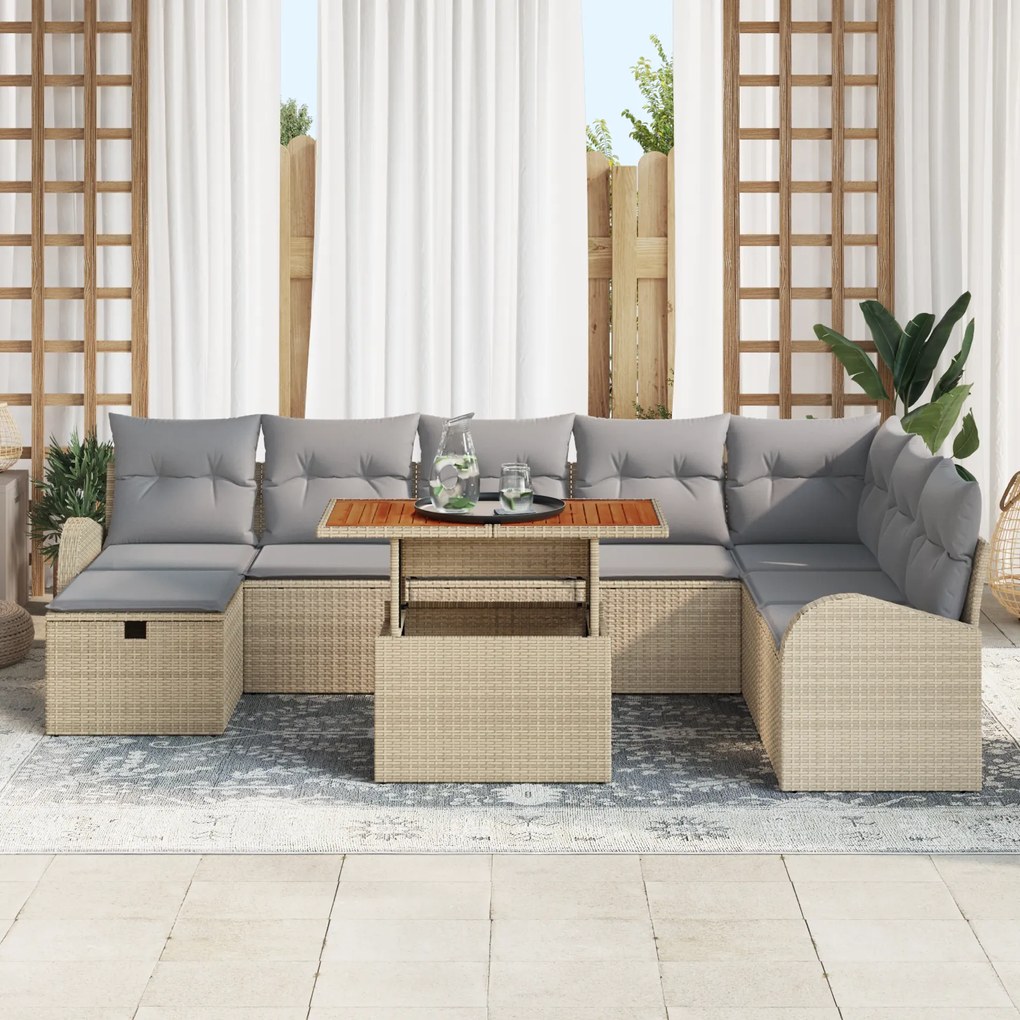 Conjunto de Sofá para Jardim de 9 Peças com Almofadas em Rattan Bege