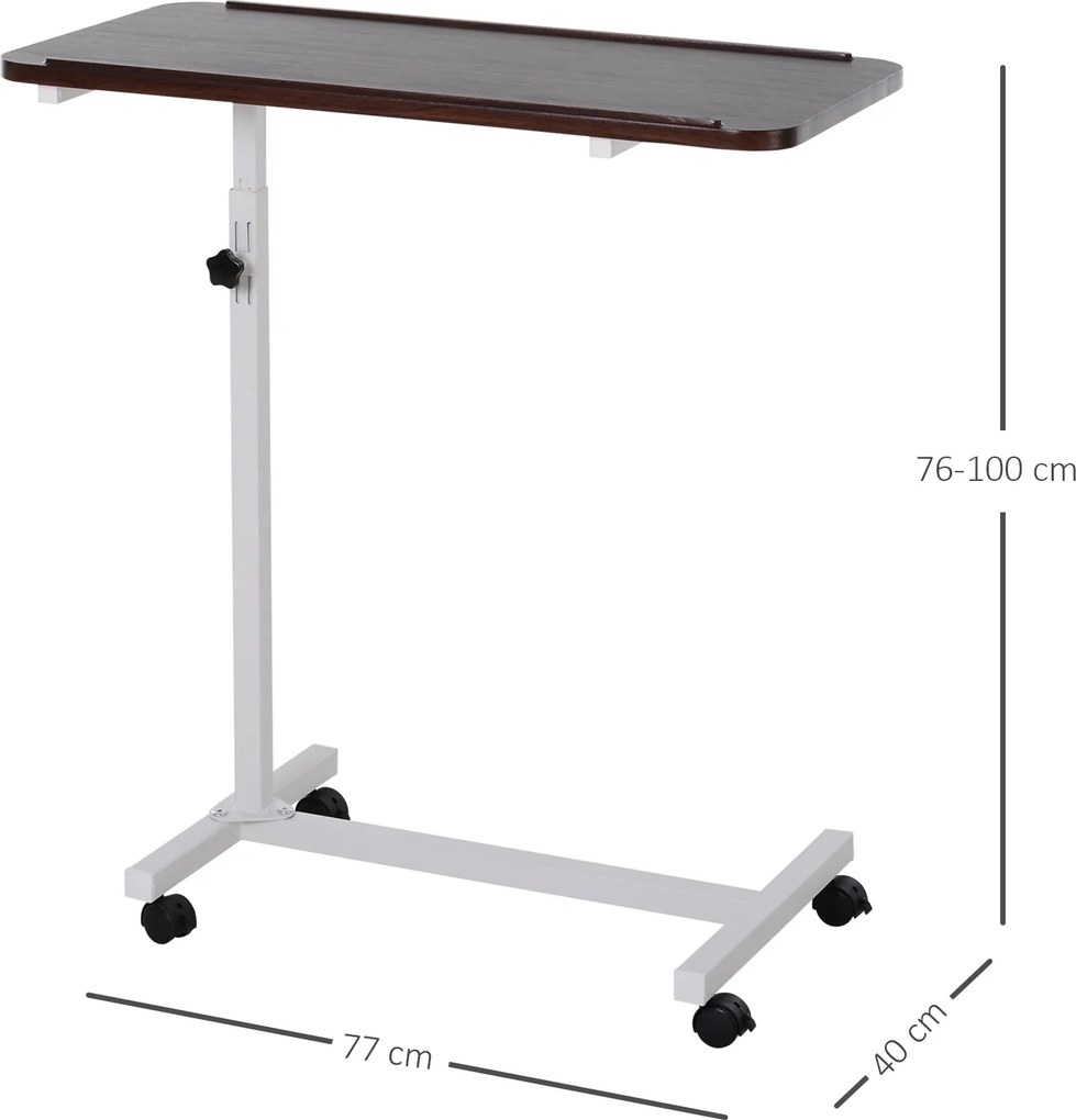 Mesa Auxiliar com Rodas para Sofá e Cama Altura Ajustável e Estrutura de Aço 77x40x76-100 cm Nogueira Escura