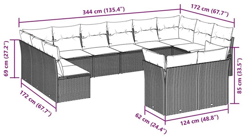 12 pcs conj. sofás jardim com almofadões vime PE cinzento-claro