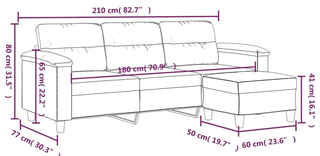 Sofá 3 lugares c/ apoio de pés 180 cm microfibra cinza-claro