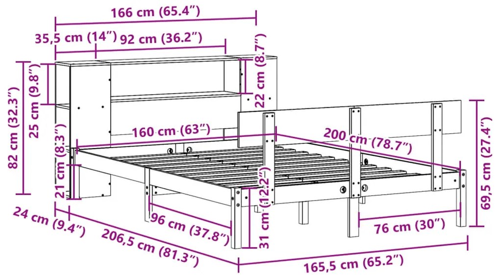 Cama com estante sem colchão 160x200 cm pinho maciço branco
