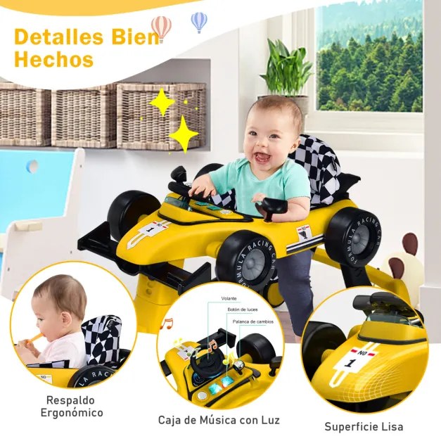 Andador 4 em 1 para crianças, dobrável, atividade de empurrar, com altura ajustável e carrilhão de velocidade com luzes, volante Amarelo