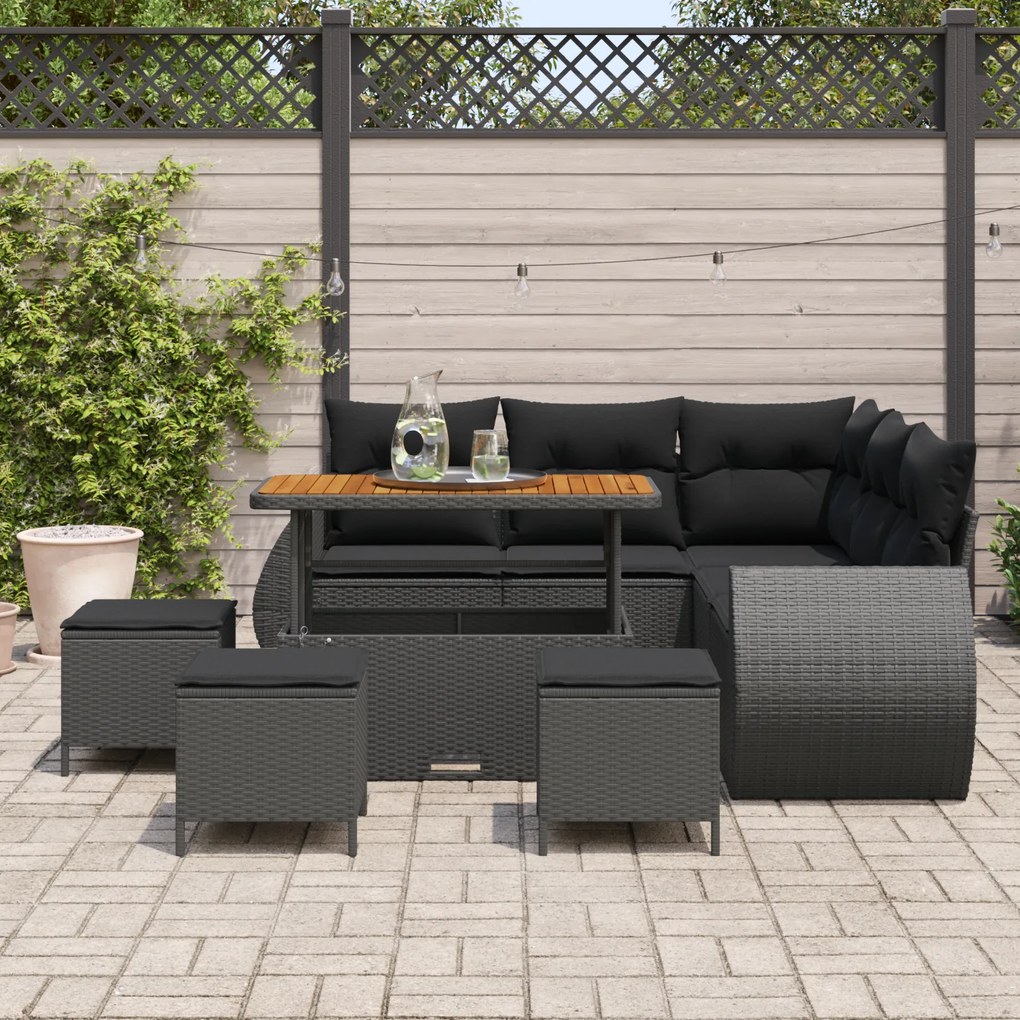 Conjunto Modular de Sofá de Jardim com Almofadas Preto Polirattan Acác