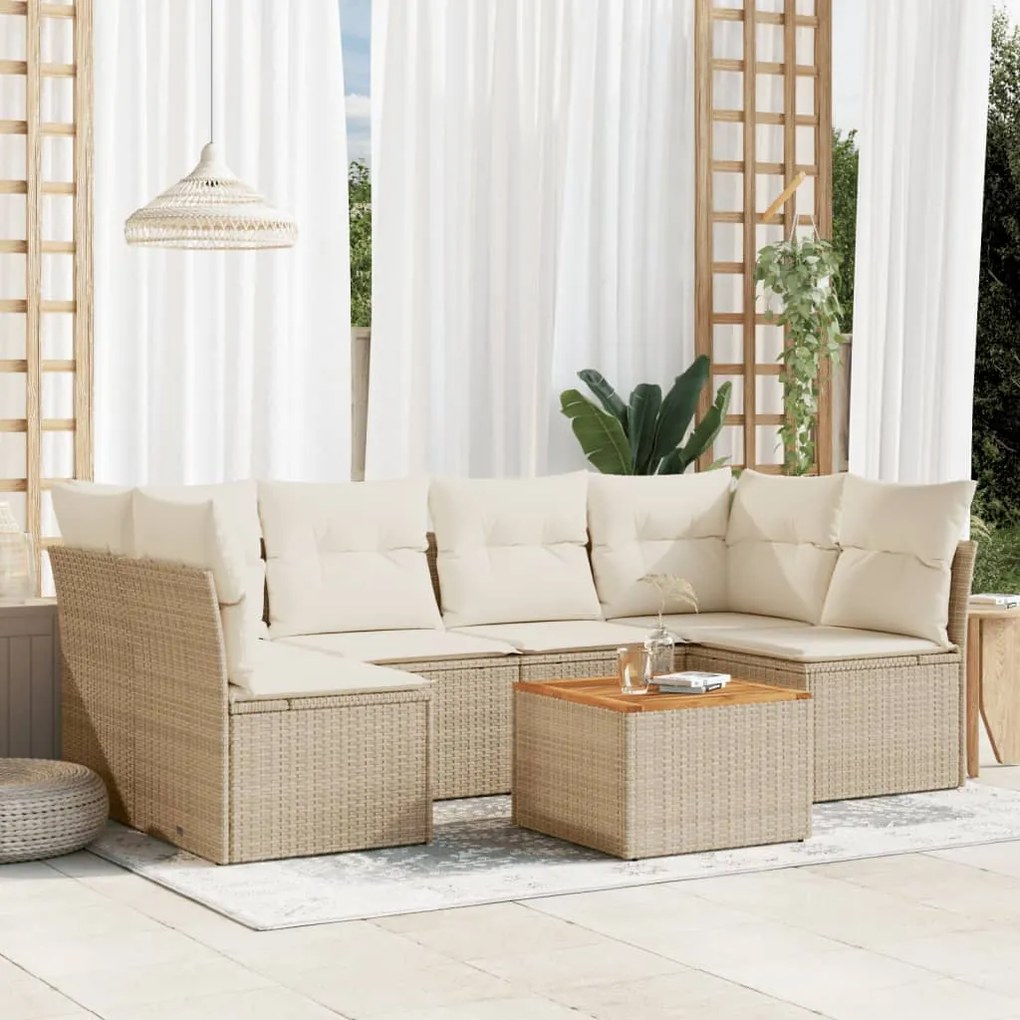 7 pcs conjunto de sofás p/ jardim com almofadões vime PE bege