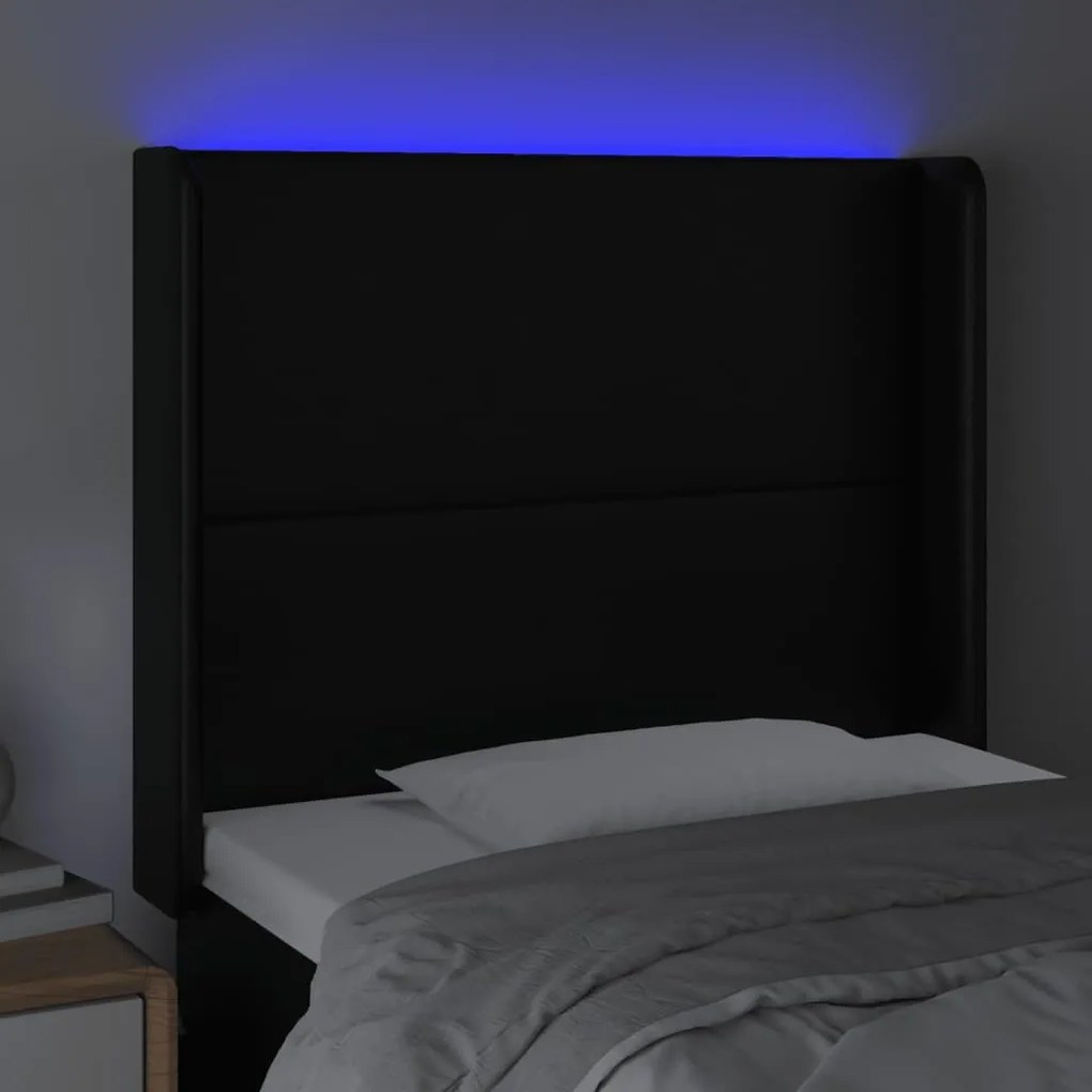 Cabeceira de cama c/ LED couro artificial 93x16x118/128cm preto