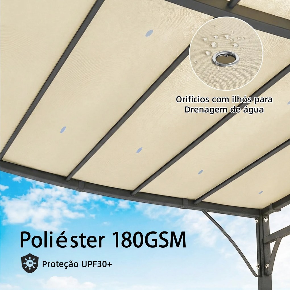 Pérgola de Parede 2,5x3,5 m com Teto Inclinado Orifícios de Drenagem e Estrutura Metálica Creme