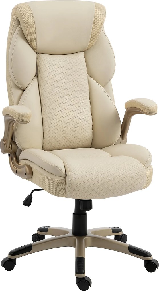 Cadeira de Escritório com Massagem Vibratória de 4 Pontos Aquecimento Lombar Apoios de Braços Rebatíveis Encosto Alto Altura Ajustável Creme