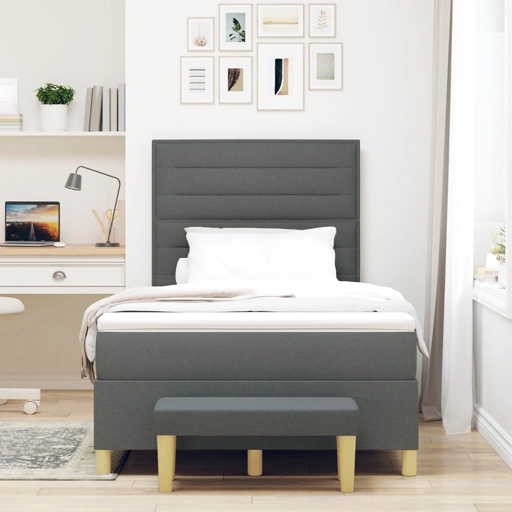 Cama com Molas com Colchão e Banco Cinza Escuro 120x190 cm Tecido