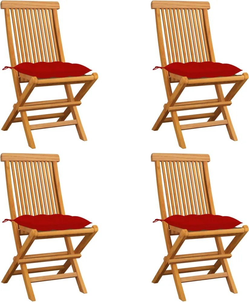 vidaXL Cadeiras de jardim c/ almofadões vermelhos 4 pcs teca maciça