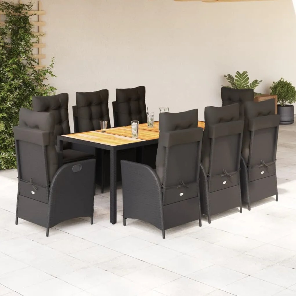 9 pcs conjunto de jantar p/ jardim c/ almofadões vime PE preto