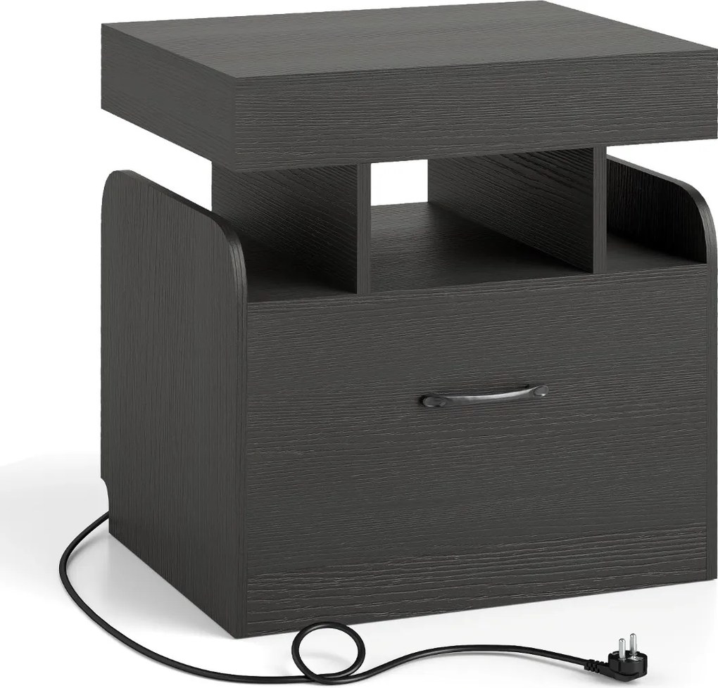 Mesa de cabeceira com estação de carregamento, gaveta e arrumação com tabuleiro e prateleiras abertas para quarto ou sala 50 x 40 x 55 cm Preto
