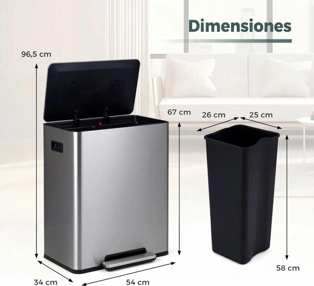 Cubo do lixo de 60 L para cozinha 54 x 34 x 67 cm com 2 compartimentos, tampa com pedal e alças laterais Prata