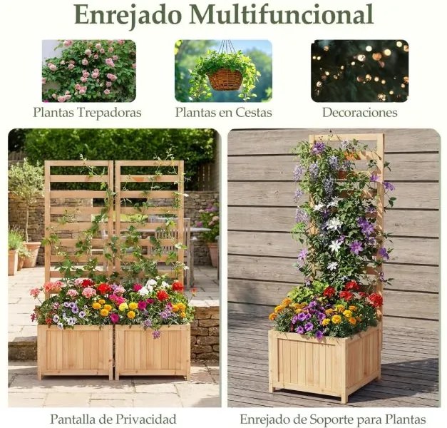 Floreira de jardim elevada de madeira com treliça 42,5 x 40,5 x 123 cm Vaso elevado com orifícios de drenagem e espaços para plantas trepadeiras Flore