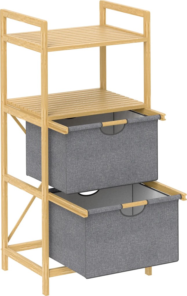 HOMCOM Cesto de roupa em bambu cesto de roupa suja com 2 sacos em tecido deslizantes e prateleiras abertas, natural | Aosom Portugal