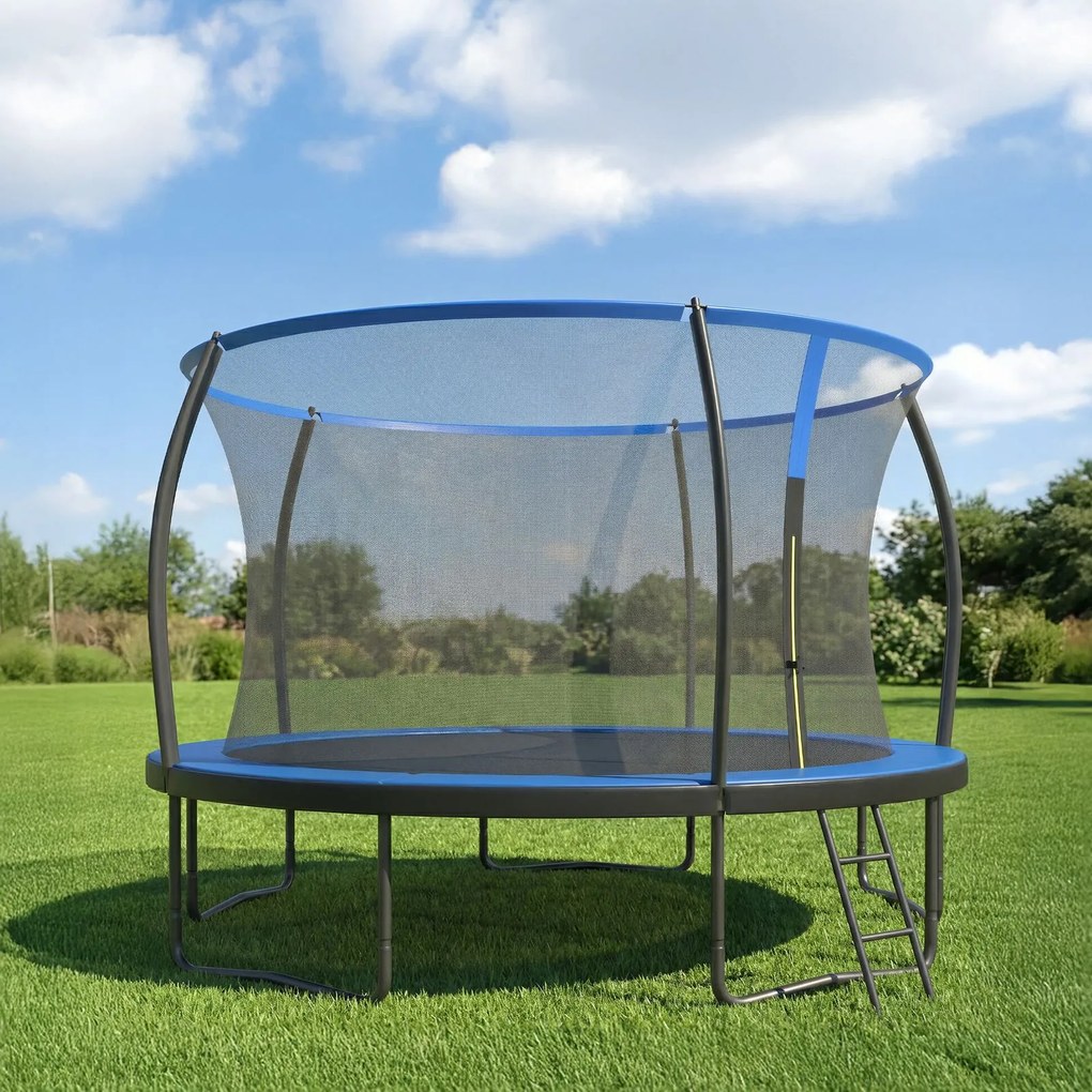 Trampolim infantil de jardim de 427 cm com varas curvas, rede de segurança Preto-Azul