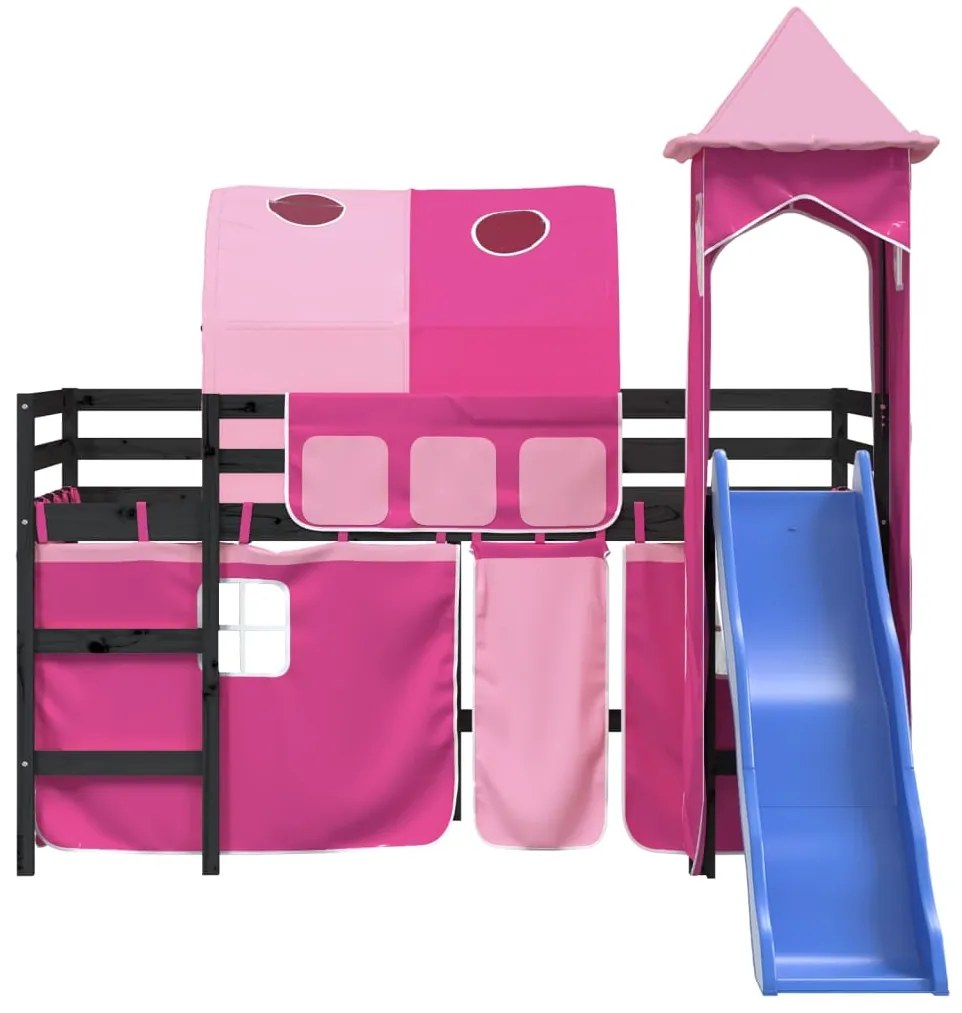 Cama alta para criança com torre 80x200 cm pinho maciço rosa