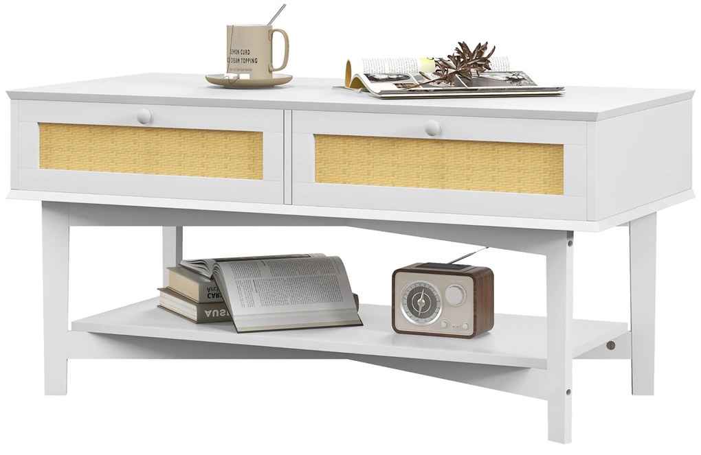 Mesa de Centro com 2 Gavetas Decorativas de Vime e Prateleira Inferior para Sala de Estar Escritório 100x50x50 cm Branco