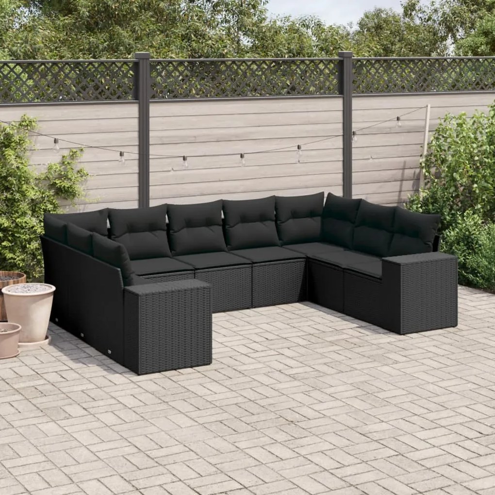 9 pcs conjunto de sofás p/ jardim c/ almofadões vime PE preto