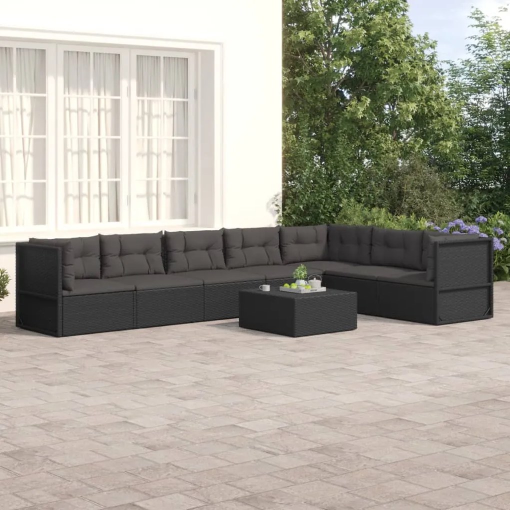vidaXL 7 pcs conjunto lounge de jardim c/ almofadões vime PE preto