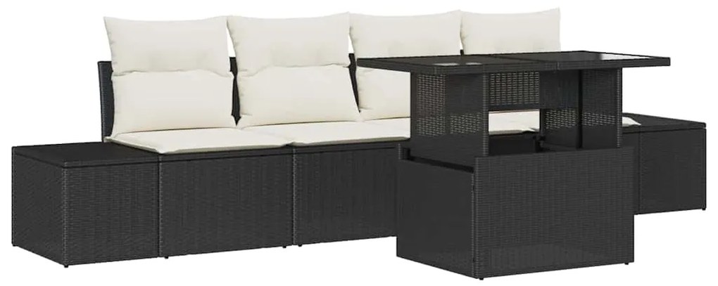 Conjunto de Sofá de Jardim 5 Peças com Almofadas Preto Rattan PE