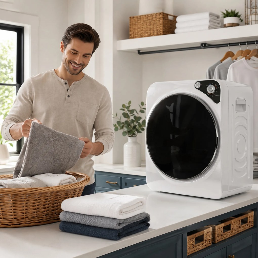 Máquina de Secar Roupa Compacta 5 kg 1000W com 5 Modos de Secagem Tambor em Aço Inoxidável Branco