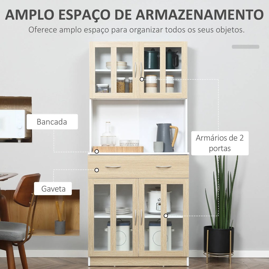 Armário de Cozinha 80x40x180 cm com 4 Portas de Vidro Bancada Aberta para Micro-Ondas Branco e Madeira