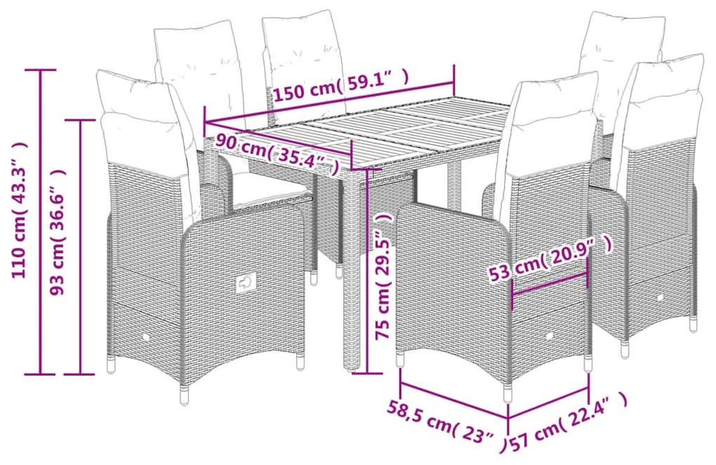 7 pcs conjunto bistrô de jardim c/ almofadões vime PE cinza