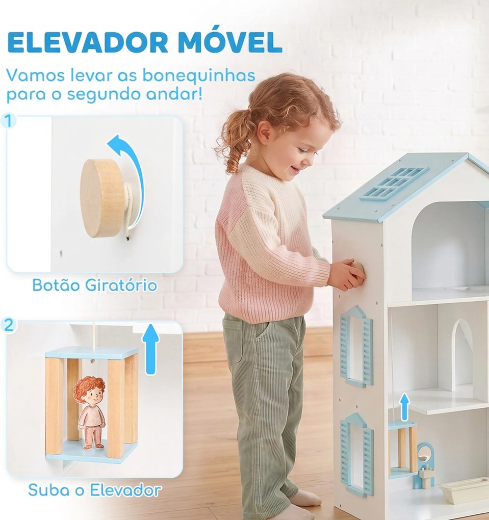 Casa de Bonecas de Madeira com 3 Pisos, Elevador e Varanda, 5 Divisões e 13 Móveis, para Crianças dos 3 aos 6 Anos, Azul