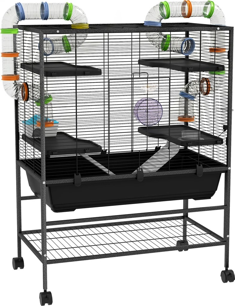 PawHut Gaiola para hamster com tubos, roda, casinha, bebedouro, 109 x 82 x 46 cm, Preto | Aosom Portugal
