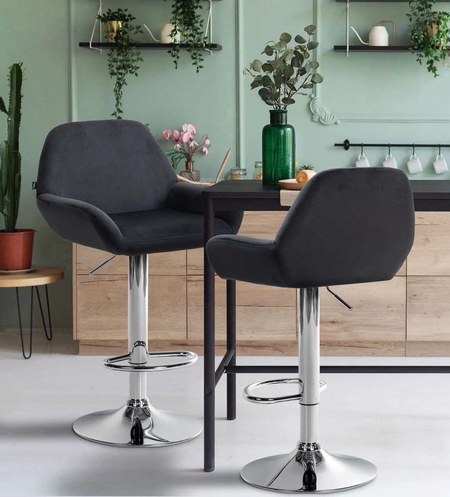 Conjunto de 2 bancos de bar em veludo com estrutura prateada 89-109 x 51 x 52 cm preto