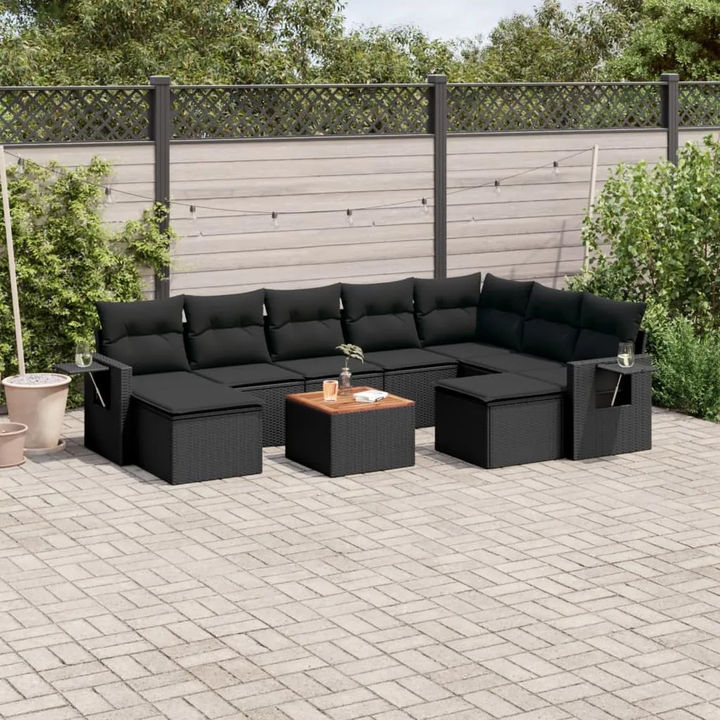 10 pcs conjunto sofás de jardim c/ almofadões vime PE preto