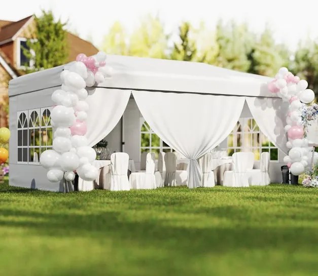 Tenda dobrável com 6 painéis laterais 300 x 600 x 250-270 cm, 6 x Sacos de areia, estrutura metálica, altura ajustável, 10 estacas, 6 cordas, saco com