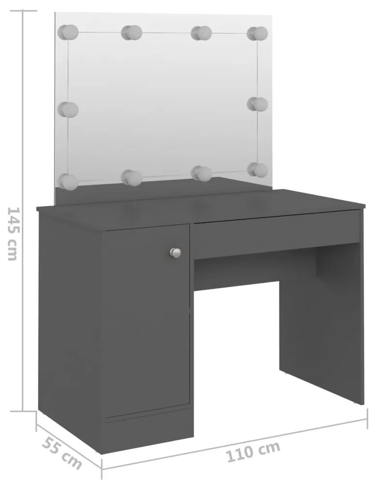 Mesa de maquilhagem c/ LEDs 110x55x145 cm MDF cinzento