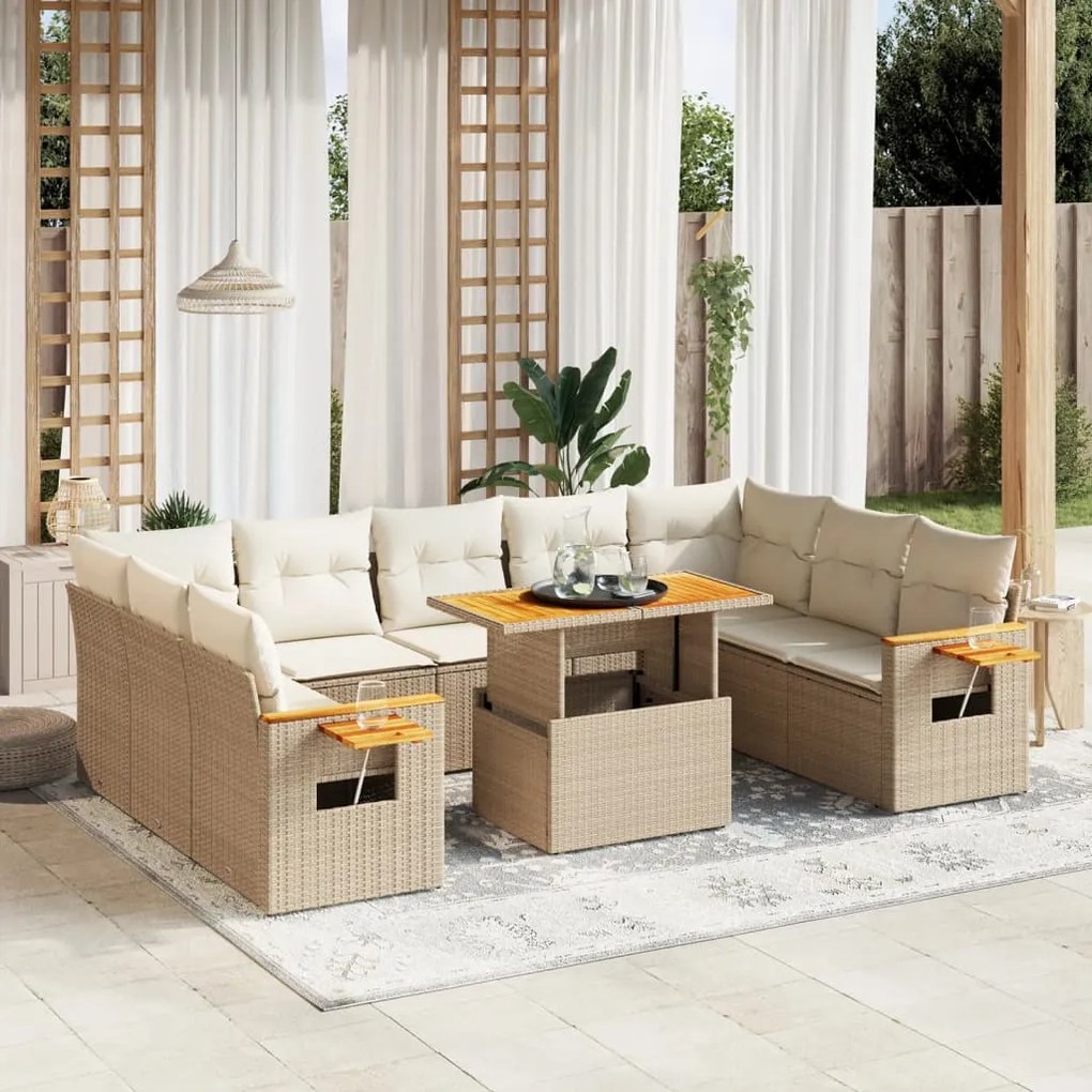 11 pcs conjunto sofás de jardim c/ almofadões vime PE bege