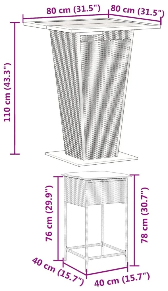 3 pcs conjunto de bar p/ jardim c/ almofadões vime PE cinzento