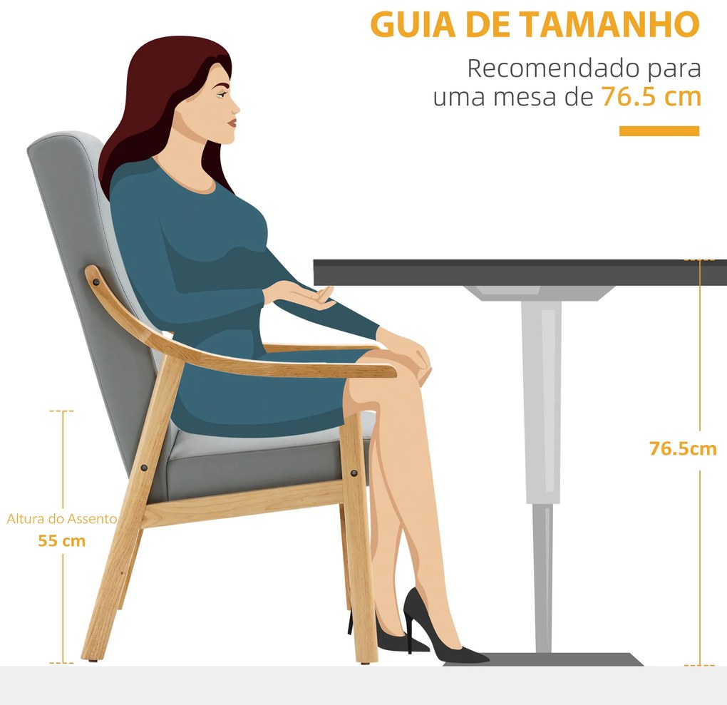 HOMCOM Poltrona de Estilo Nórdico com Encosto Alto Cadeira Sala de Jantar Estofada em PU com Apoio para os Braços e Estrutura de Madeira de Borracha para Escritório Sala de Estar Carga 150kg 62x75x115cm Cinza e Madeira
