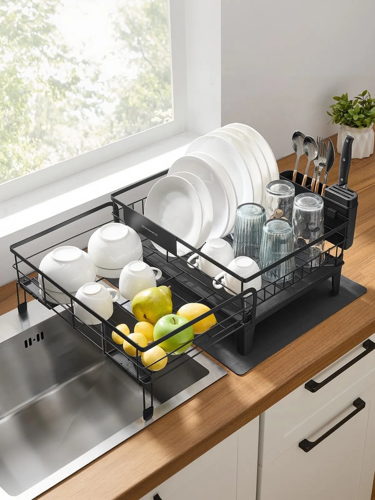 Escorredor de pratos com bandeja extensível (31-56) x 42 x 20 cm, giratório em 360° preto